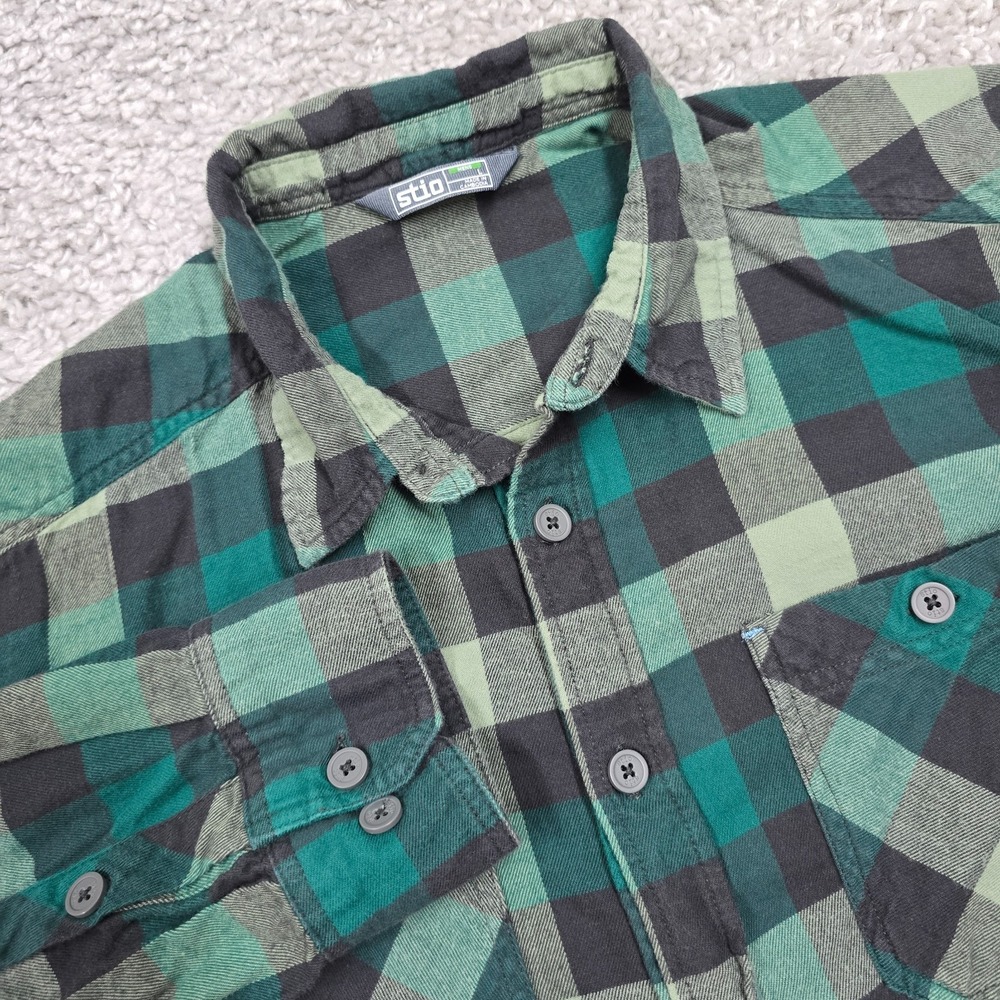 Stio Mens Miter Organic Cotton Flannel Shirt Green Plaid Size L‎ Outdoor Hiking